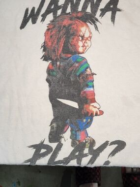 Vintage Horror Doll Graphic Tee - White with Multicolor Print